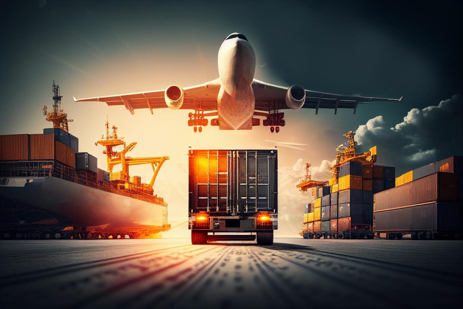 Global business logistics import export and container cargo freight ship during loading at industrial port by crane, container handlers, cargo plane, truck on highway, Generative AI. High quality photo